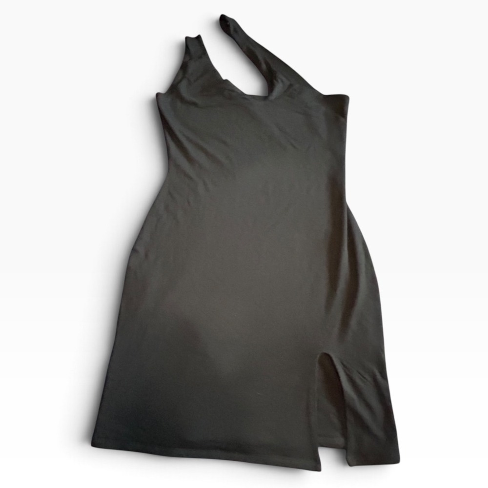 Naked Wardrobe Black Asymmetrical Side Slit Mini Dress  1X